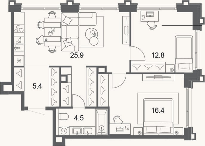 Планировка: 3-к, 65 м²