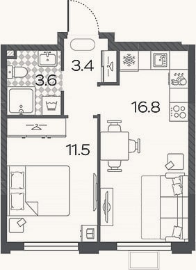 Планировка: 2-к, 35,3 м²