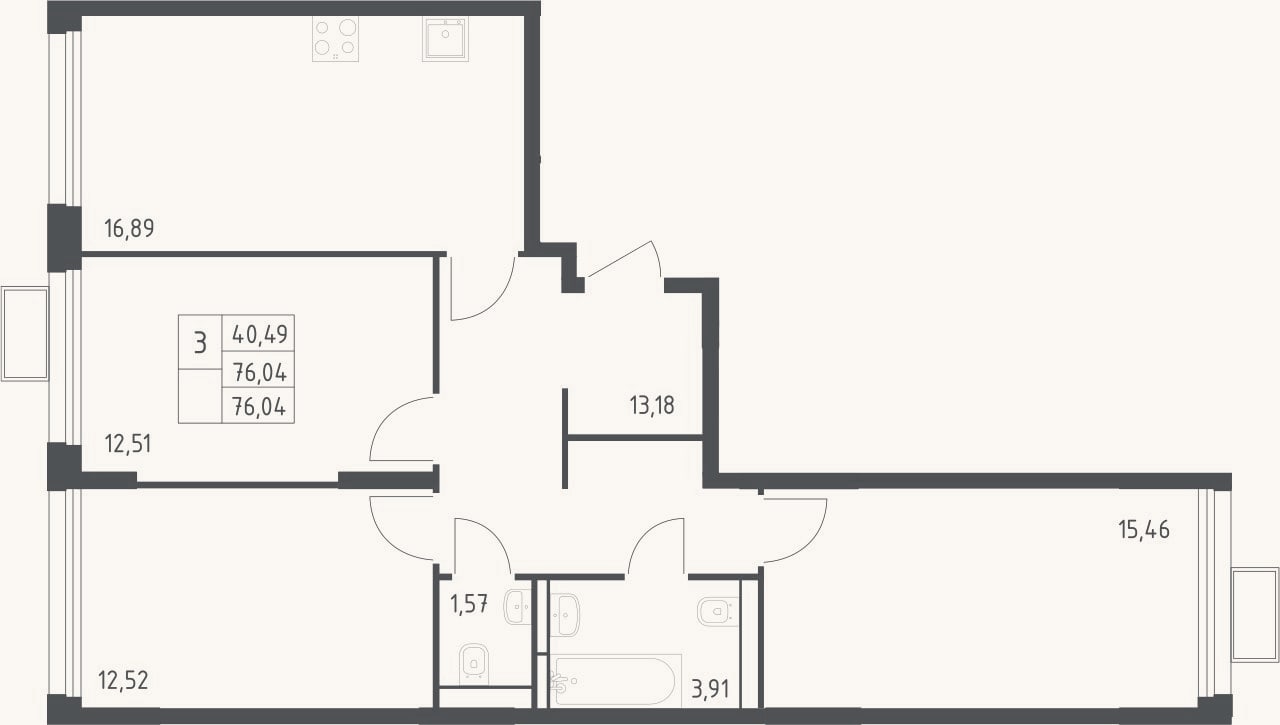 Планировка: 3-к, 76 м²