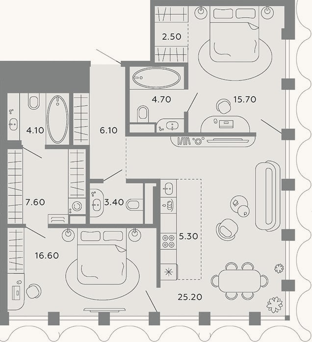 Планировка: 3-к, 91,2 м²