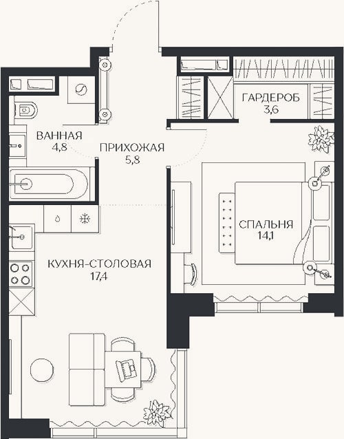 Планировка: 2-к, 45,6 м²