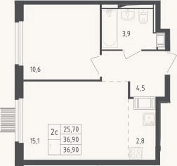 Планировка: 2-к, 36,9 м²