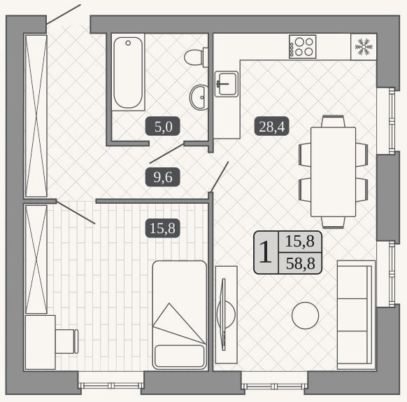 Планировка: 2-к, 58,8 м²