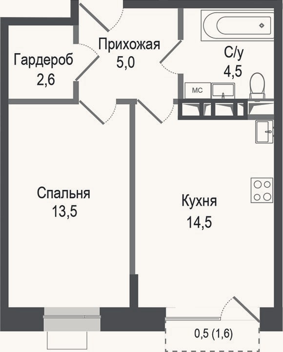 Планировка: 1-к, 40,1 м²