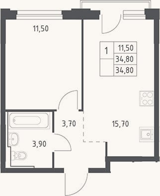 Планировка: 2-к, 34,8 м²