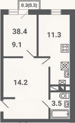 Планировка: 1-к, 38,1 м²