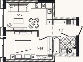 Планировка: 2-к, 38,4 м²