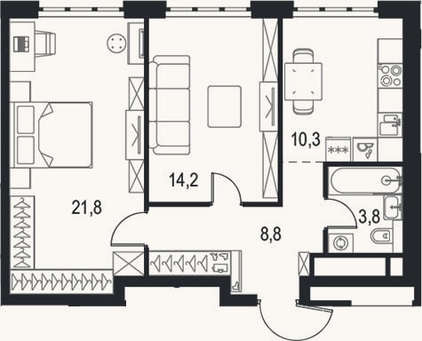 Планировка: 2-к, 58,9 м²