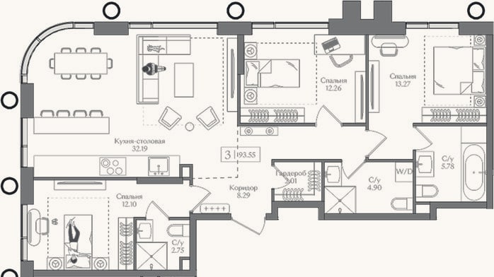 Планировка: 4+ к, 93,6 м²