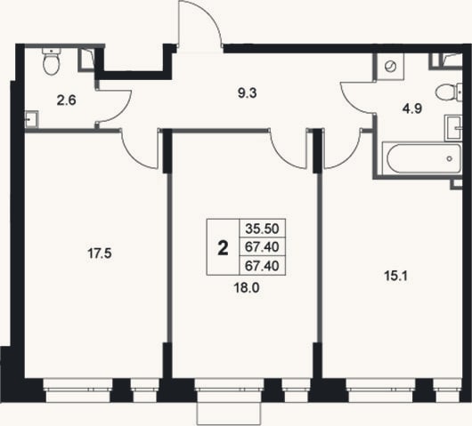 Планировка: 2-к, 67,4 м²