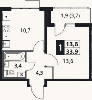 Планировка: 1-к, 32 м²