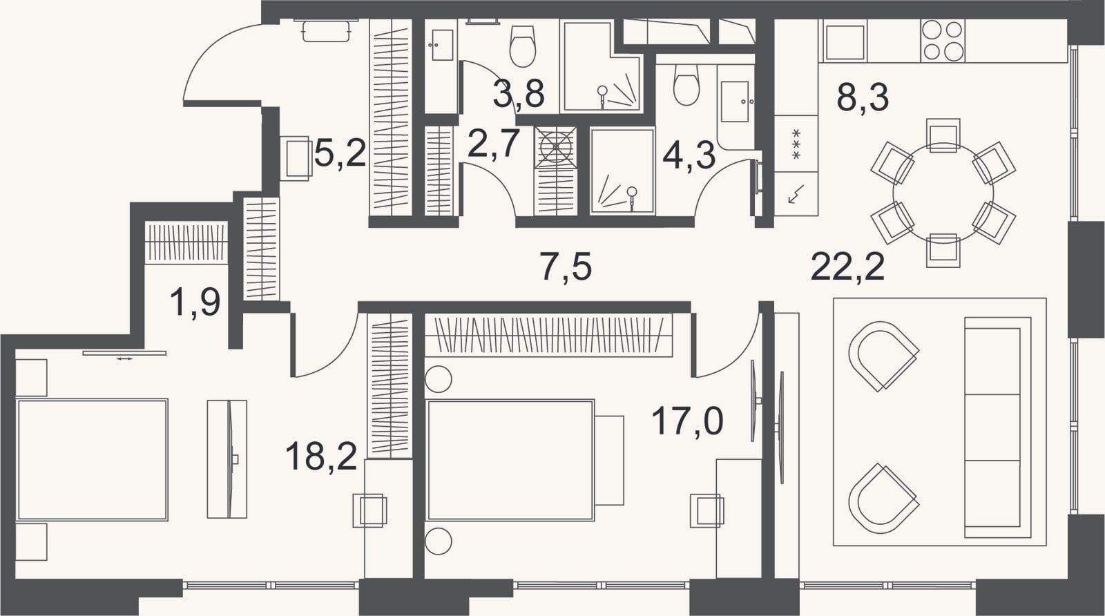 Планировка: 3-к, 91,1 м²
