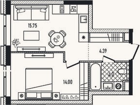 Планировка: 2-к, 38,4 м²