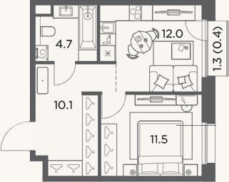 Планировка: 1-к, 38,3 м²
