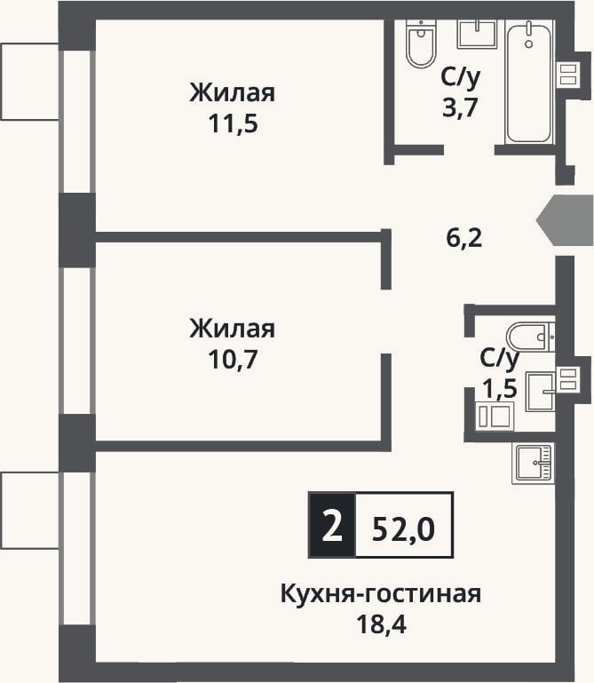 Планировка: 3-к, 52 м²