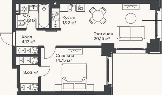Планировка: 2-к, 48,7 м²