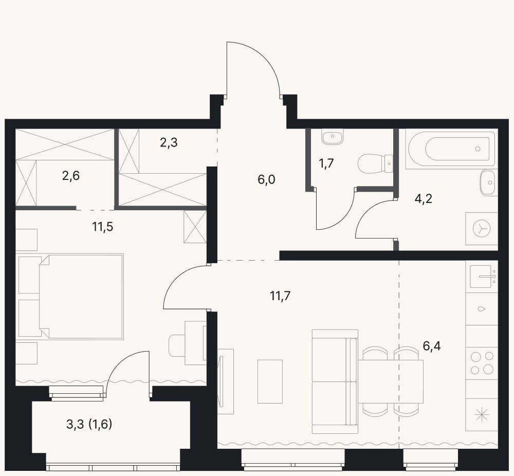 Планировка: 2-к, 46,4 м²