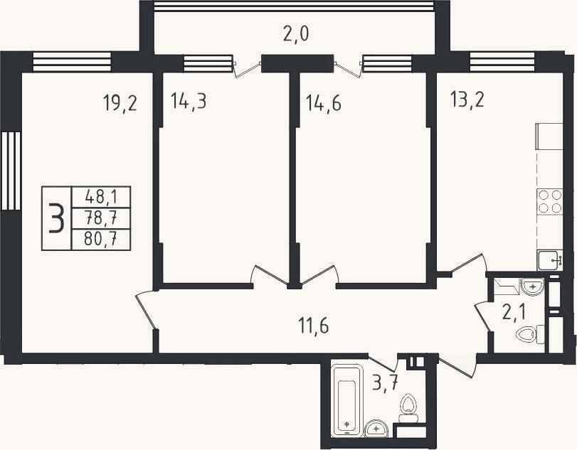Планировка: 3-к, 78,7 м²