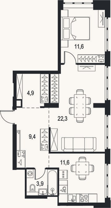 Планировка: 2-к, 63,7 м²