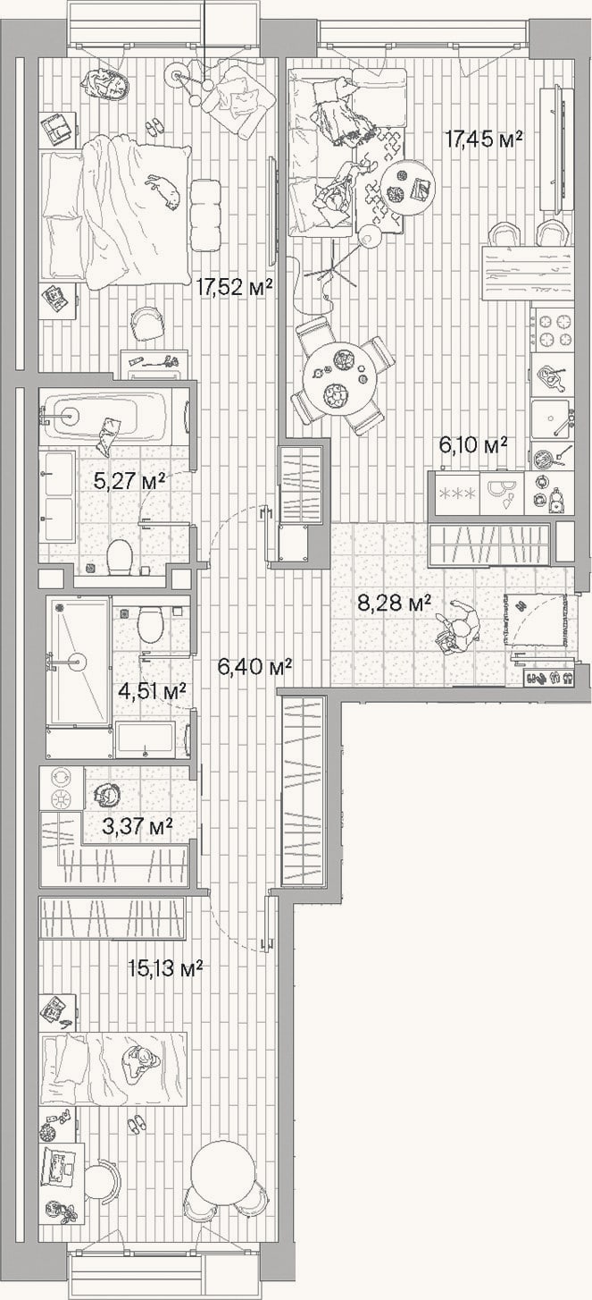 Планировка: 3-к, 84 м²