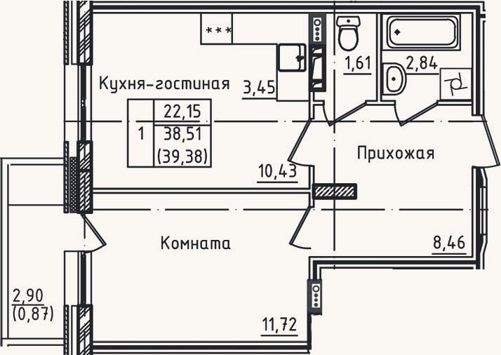 Планировка: 2-к, 38,5 м²
