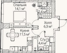 Планировка: 1-к, 38,1 м²