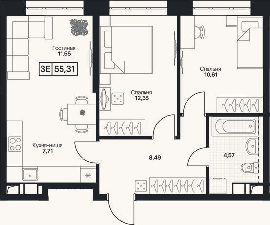 Планировка: 3-к, 55,3 м²