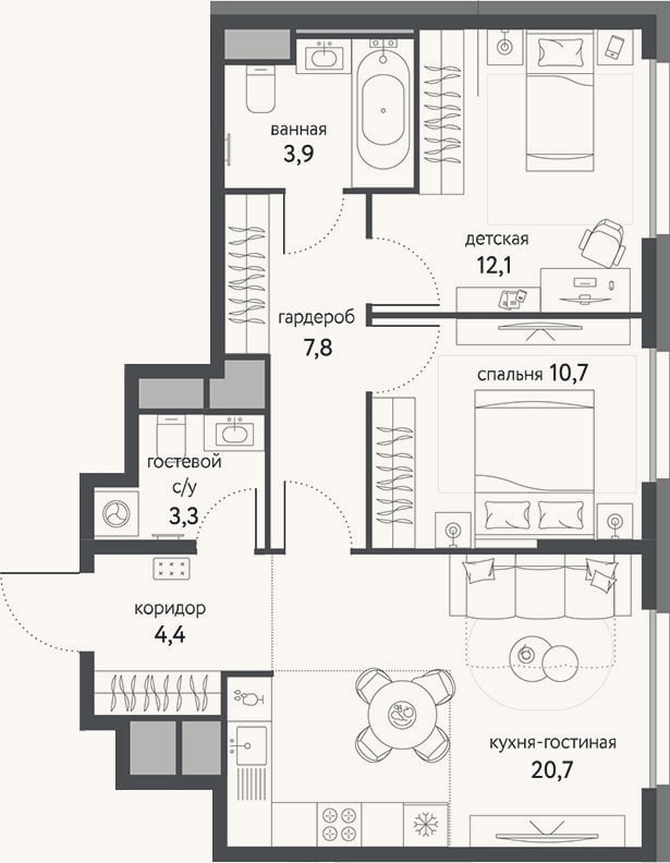 Планировка: 3-к, 62,9 м²
