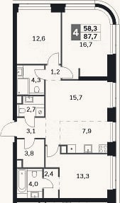 Планировка: 4+ к, 87,7 м²