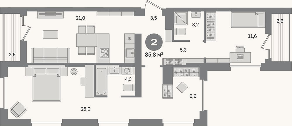 Планировка: 2-к, 80,6 м²
