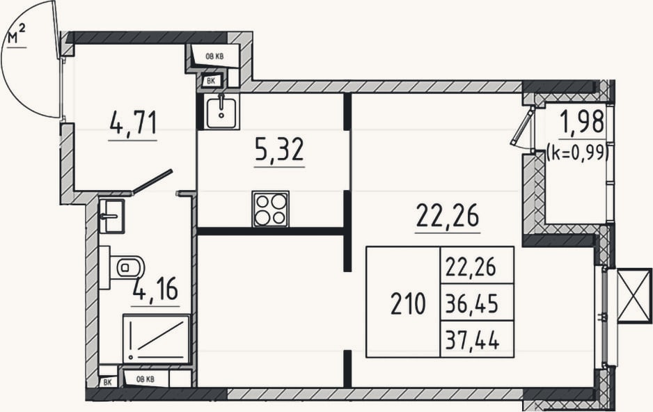 Планировка: Студия, 36,5 м²