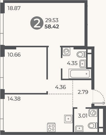 Планировка: 2-к, 58,4 м²