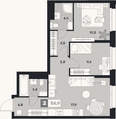 Планировка: 2-к, 56,9 м²