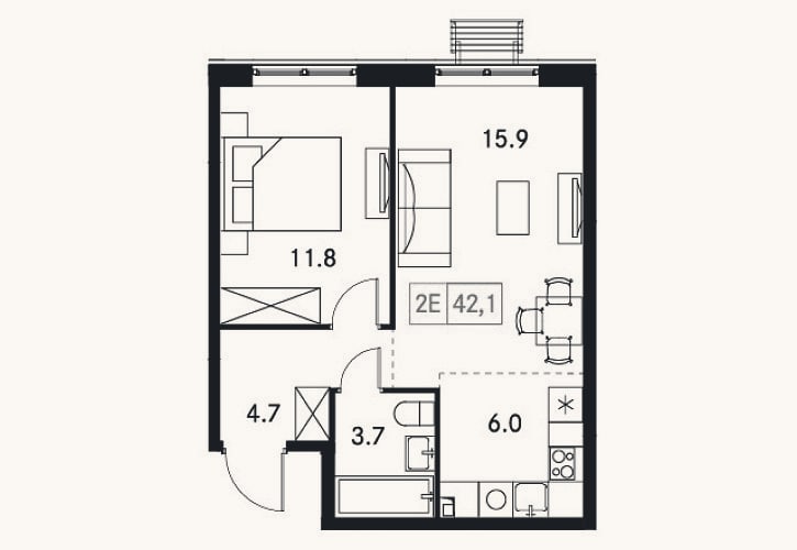 Планировка: 2-к, 42,1 м²