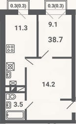 Планировка: 1-к, 38,1 м²