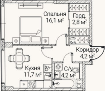 Планировка: 1-к, 39 м²