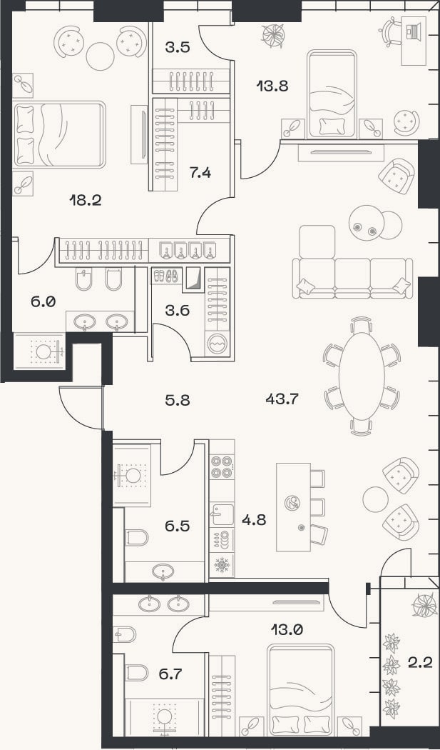 Планировка: 4+ к, 133,6 м²
