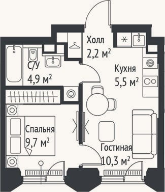 Планировка: 2-к, 32,6 м²