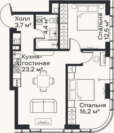 Планировка: 3-к, 60 м²