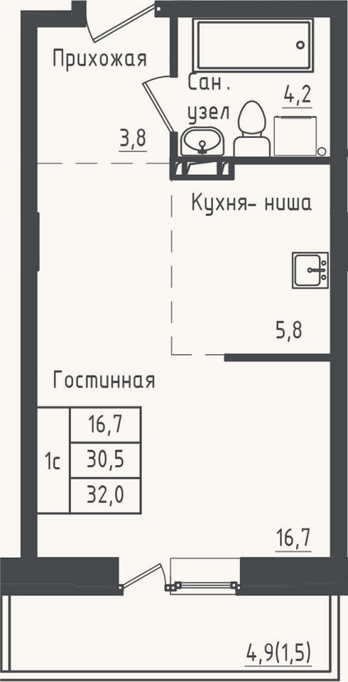 Планировка: Студия, 30,5 м²