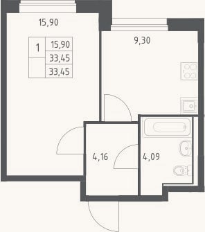 Планировка: 1-к, 33,5 м²
