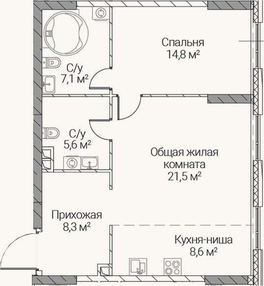 Планировка: 2-к, 65,9 м²
