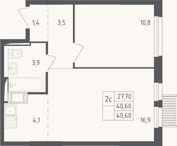 Планировка: 2-к, 40,6 м²