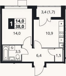 Планировка: 1-к, 36,3 м²
