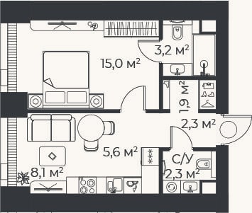 Планировка: 2-к, 38,3 м²
