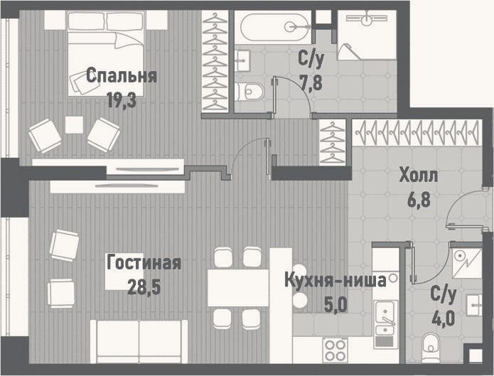 Планировка: 2-к, 71,4 м²