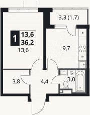 Планировка: 1-к, 34,5 м²