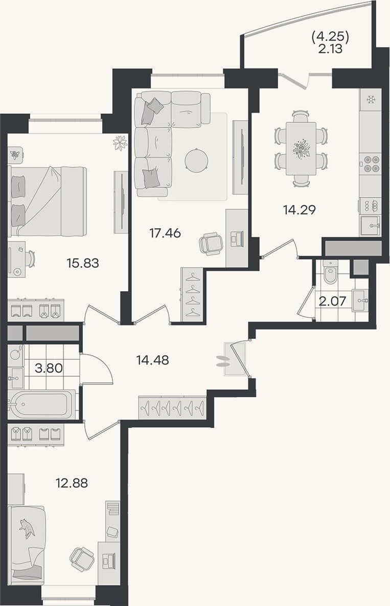 Планировка: 3-к, 80,8 м²