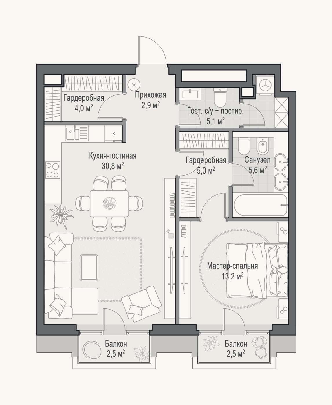 Планировка: 2-к, 67,1 м²