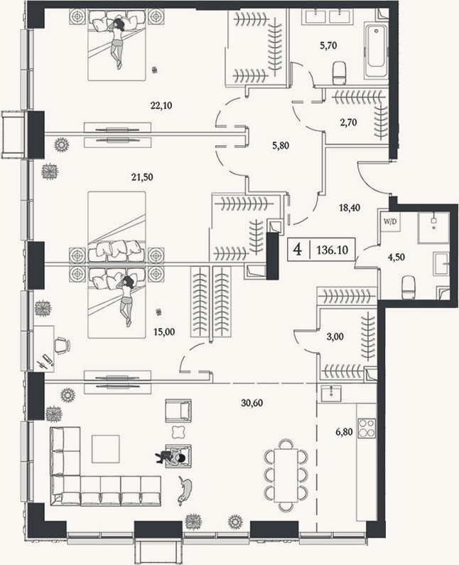 Планировка: 4+ к, 136,1 м²